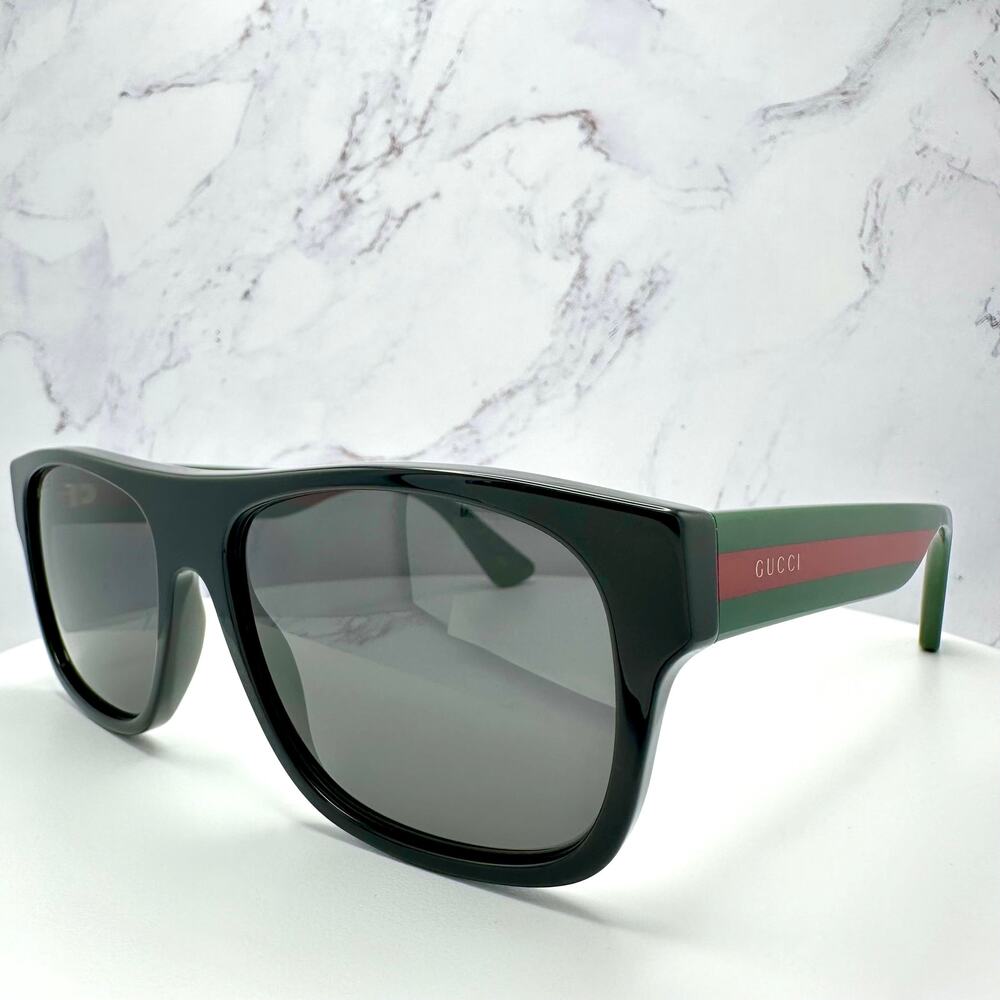 New Gucci Sunglasses Polarized Black Square Red Green Web Arms 56mm Gray Lens - Picture 7 of 15